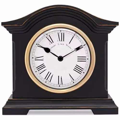 Acctim Falkenburg Vintage Quartz Mantel Clock in Black with Roman Numerals and Antique Brass Bezel – 1