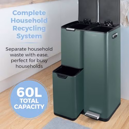 Tower 60L Green Pedal Recycling Bin with Removable Inner Buckets and Coated Steel Body – 3