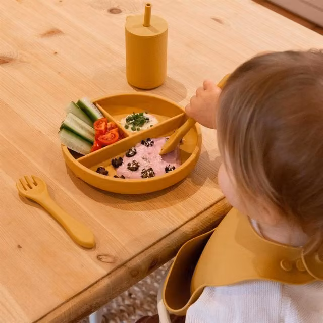 Tiny Dining Baby Silicone Divided Suction Plate with Fork and Spoon Set in Yellow