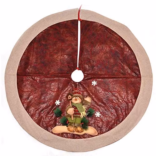 SHATCHI Deluxe Christmas Tree Skirt with 3D Snowman Handmade Design in Red and Brown, Width: 122 cm