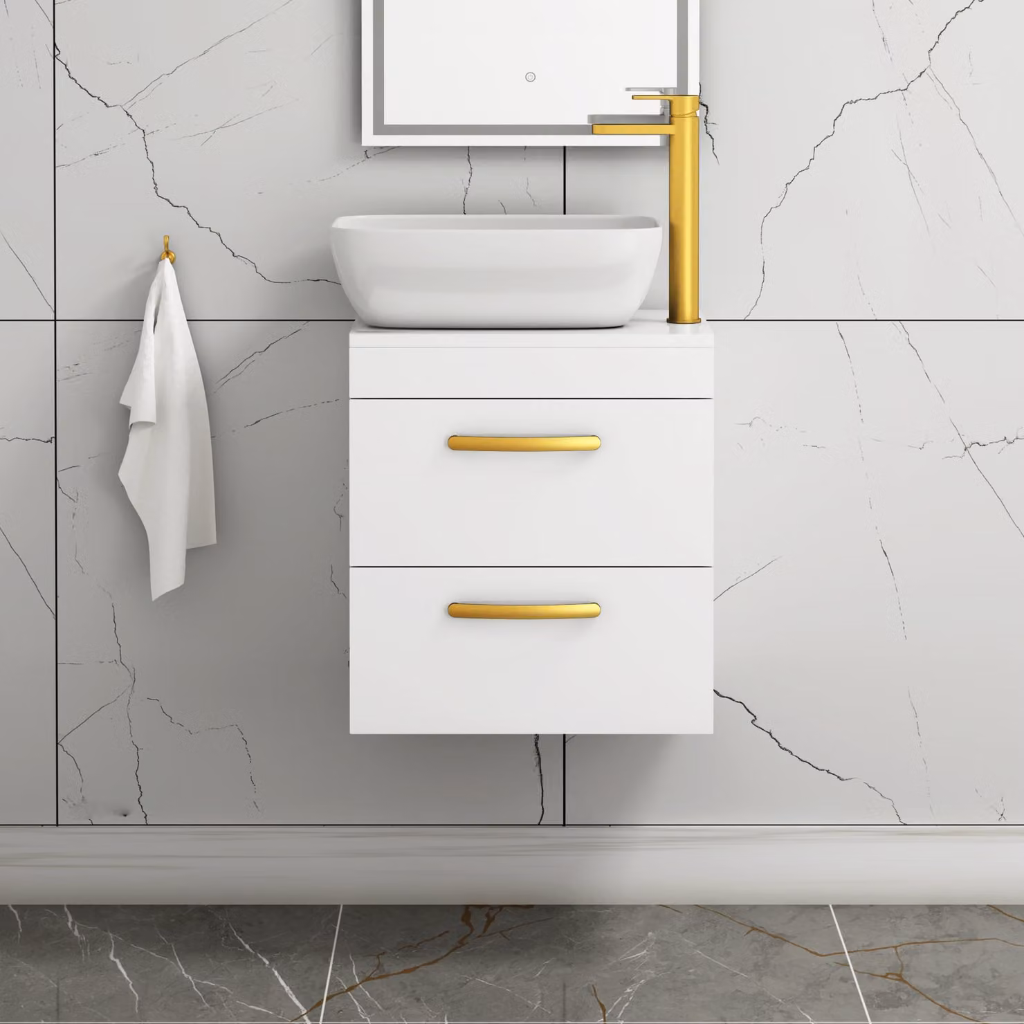 Royal Bathrooms 500mm Wall Hung Gloss White 2 Drawer Vanity Unit with Elva Countertop Basin and Brushed Brass Handle