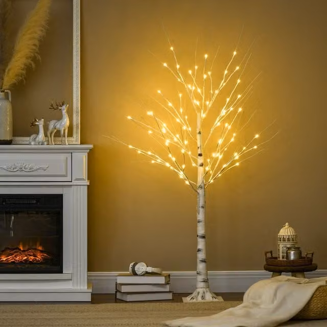 HOMCOM 5ft Artificial White Birch Tree with 96 Lights in White, Height: 152.4 cm – 1