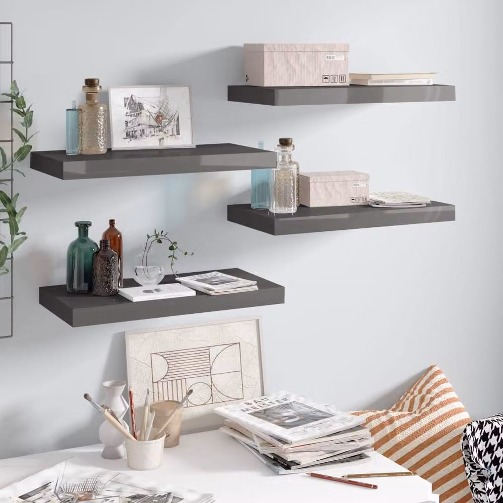 Berkfield Home Set of 4 Floating Wall Shelves in High Gloss Grey, W: 50 cm, D: 23 cm, H: 4 cm – 2