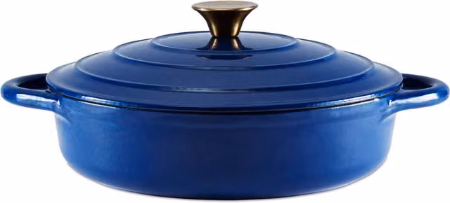 Barbary Oak Enamelled Cast Iron Shallow Casserole Pan, Blue, 28 cm