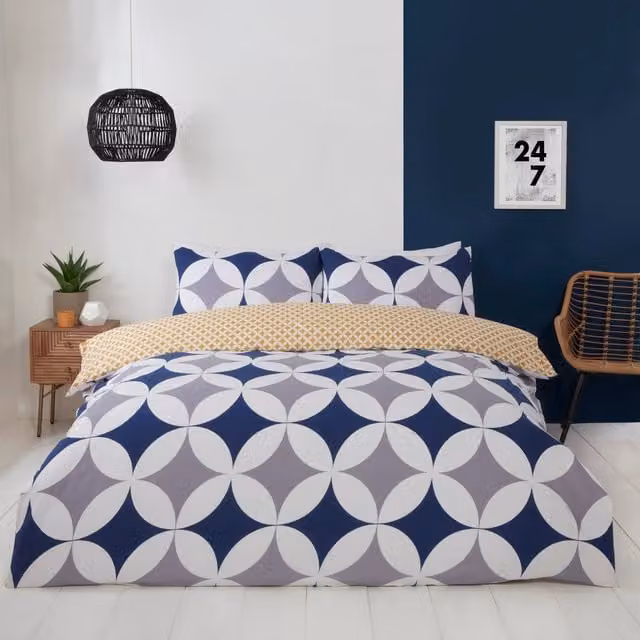 Rapport Home Geo Reversible Polycotton Duvet Set with Pillowcase, Blue, W: 140 cm, H: 200 cm