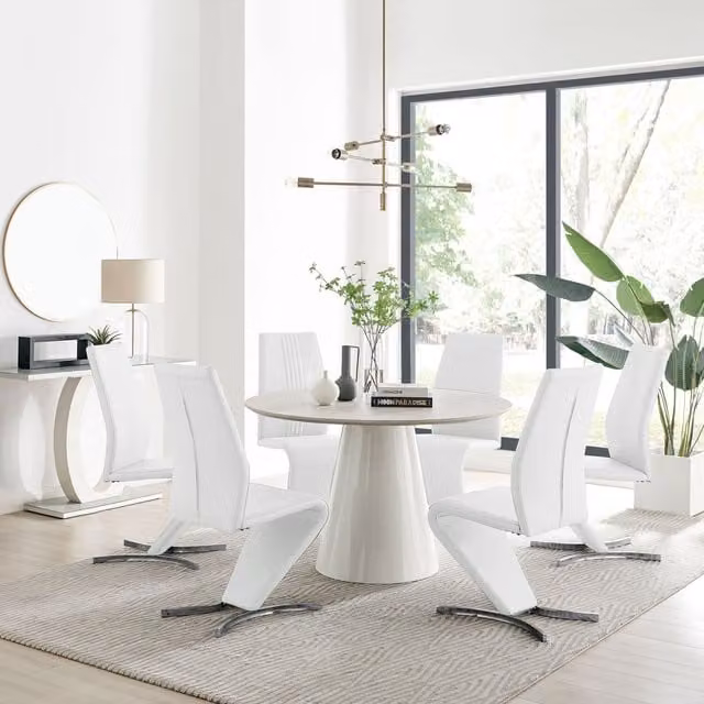 FurnitureboxUK Palma Beige Stone Effect Round Dining Table and 6 Willow Chairs in White