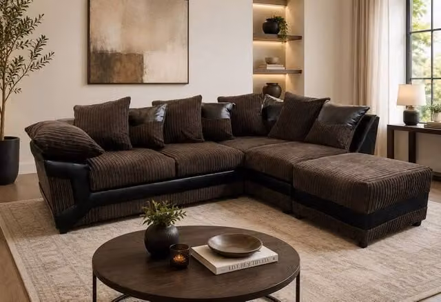 LUXURY LIFE Dino Right Hand Facing L-Shape Cord Corner Sofa in Brown – 1