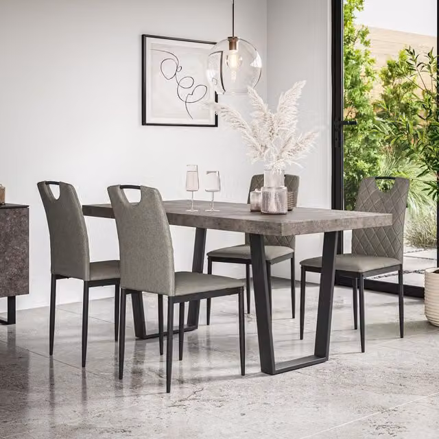 More4Homes Aria Dining Table and 4 Monza Linen Dining Chairs Set, Concrete Effect Table Top with Black Legs and Grey Chairs, W/D/H: 160 x 80 x 76 cm – 1