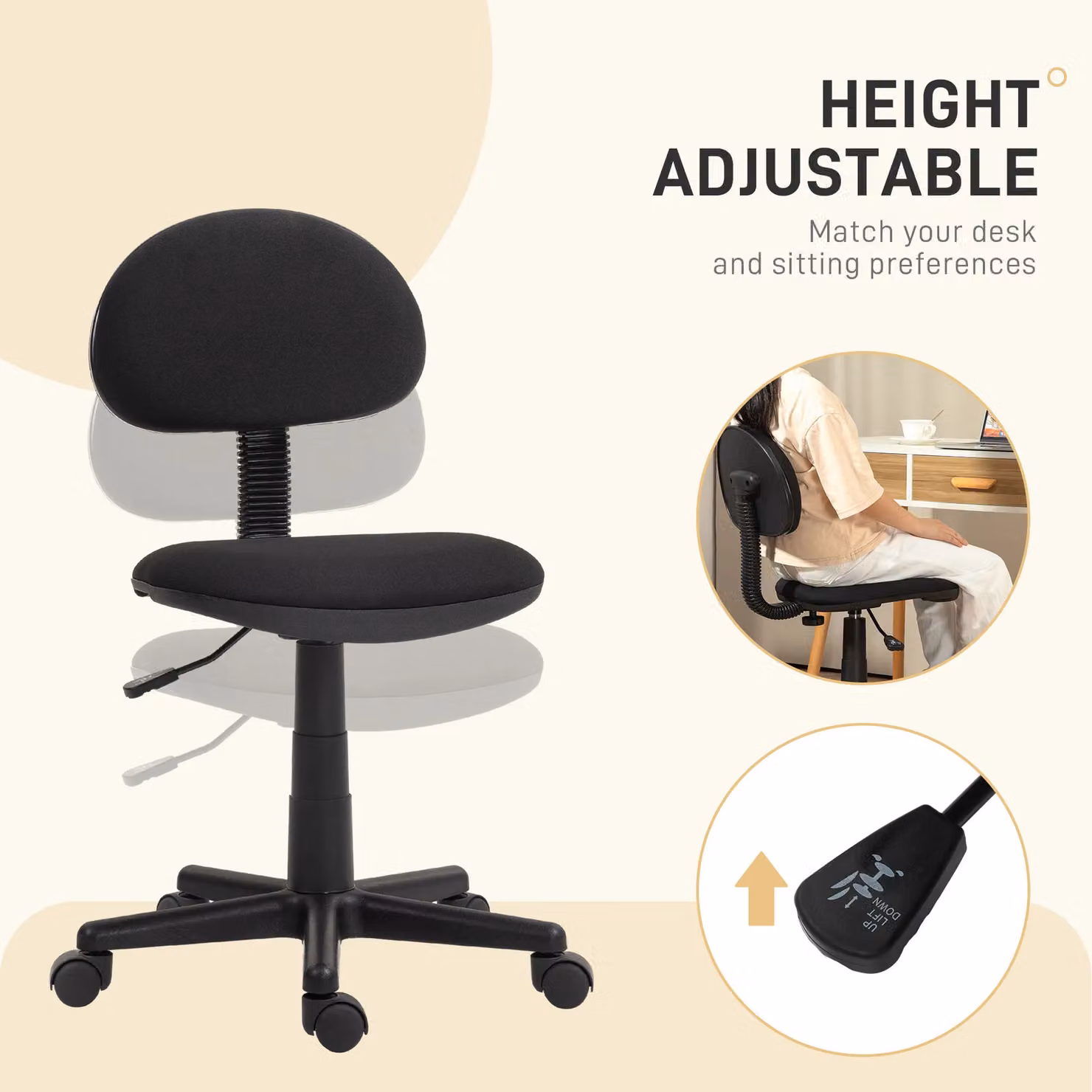 HOMCOM Armless Black Fabric Task Chair with 360 Degree Swivel and Castors – 4