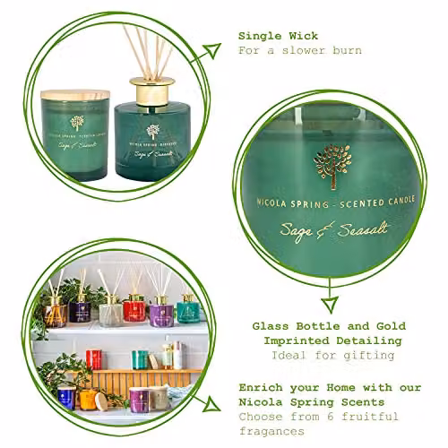 Nicola Spring Sage & Seasalt Scented Candle and Reed Diffuser Gift Set, Green, 130g Soy Wax Candle and 200ml Diffuser – 3