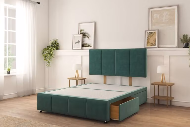 Sloomy Lancaster Tweed Divan Bed Set with 4 Drawers and 26 inch Strutted Headboard in Emerald Green, W/D/H: 180 x 200 cm, King Size