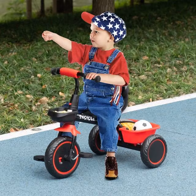 AIYAPLAY Red Toddler Tricycle with Pedal Basket and Height Adjustable Handlebar