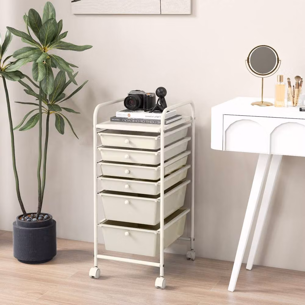 Costway 6-Drawer Mobile Utility Rolling Storage Cart with Castors in White – 2
