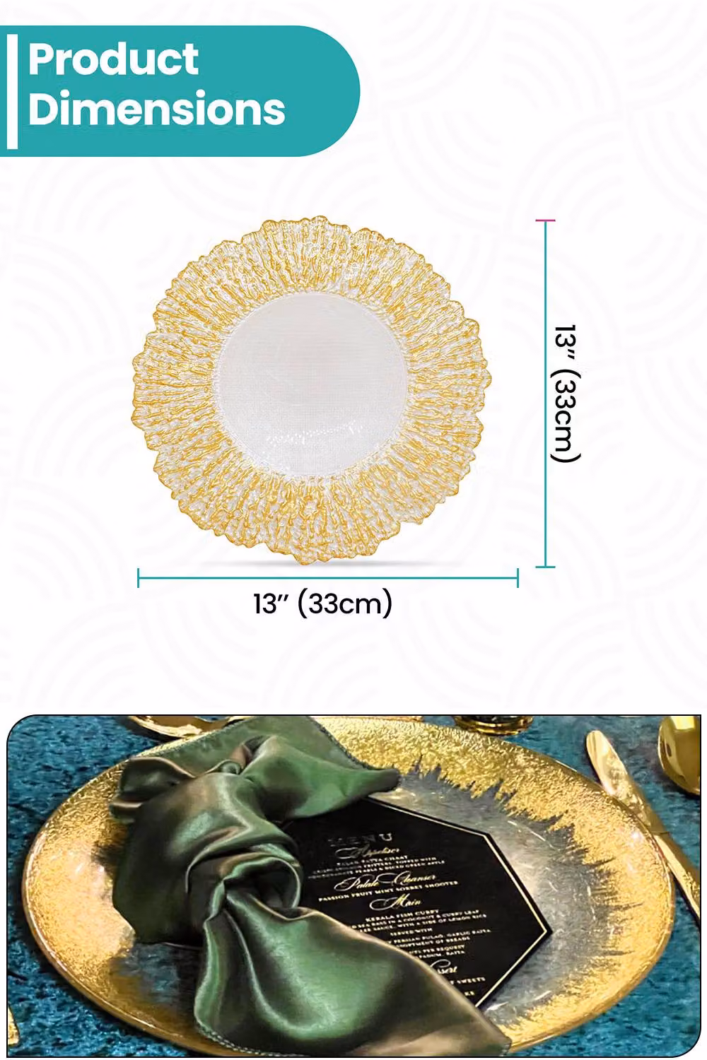 Neel Blue Set of 6 Peacock Design Glass Charger Plates in Blue and Metallic Gold, Diameter: 33 cm – 2