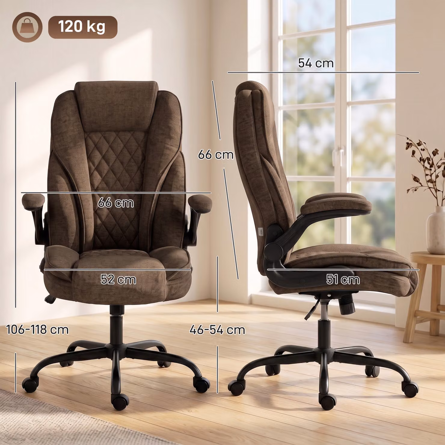 HOMCOM Ergonomic Brown Fabric Office Chair with Swivel Wheels and Adjustable Height – 3
