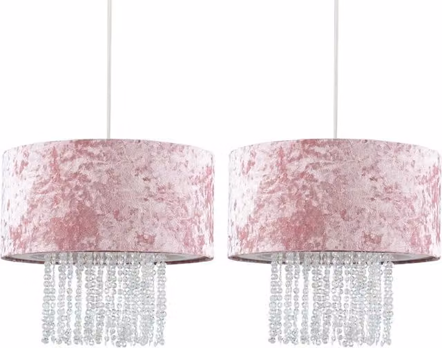 Boland Pair of Pink Modern Cylinder Ceiling Pendant Lights with Fabric and Plastic Shades