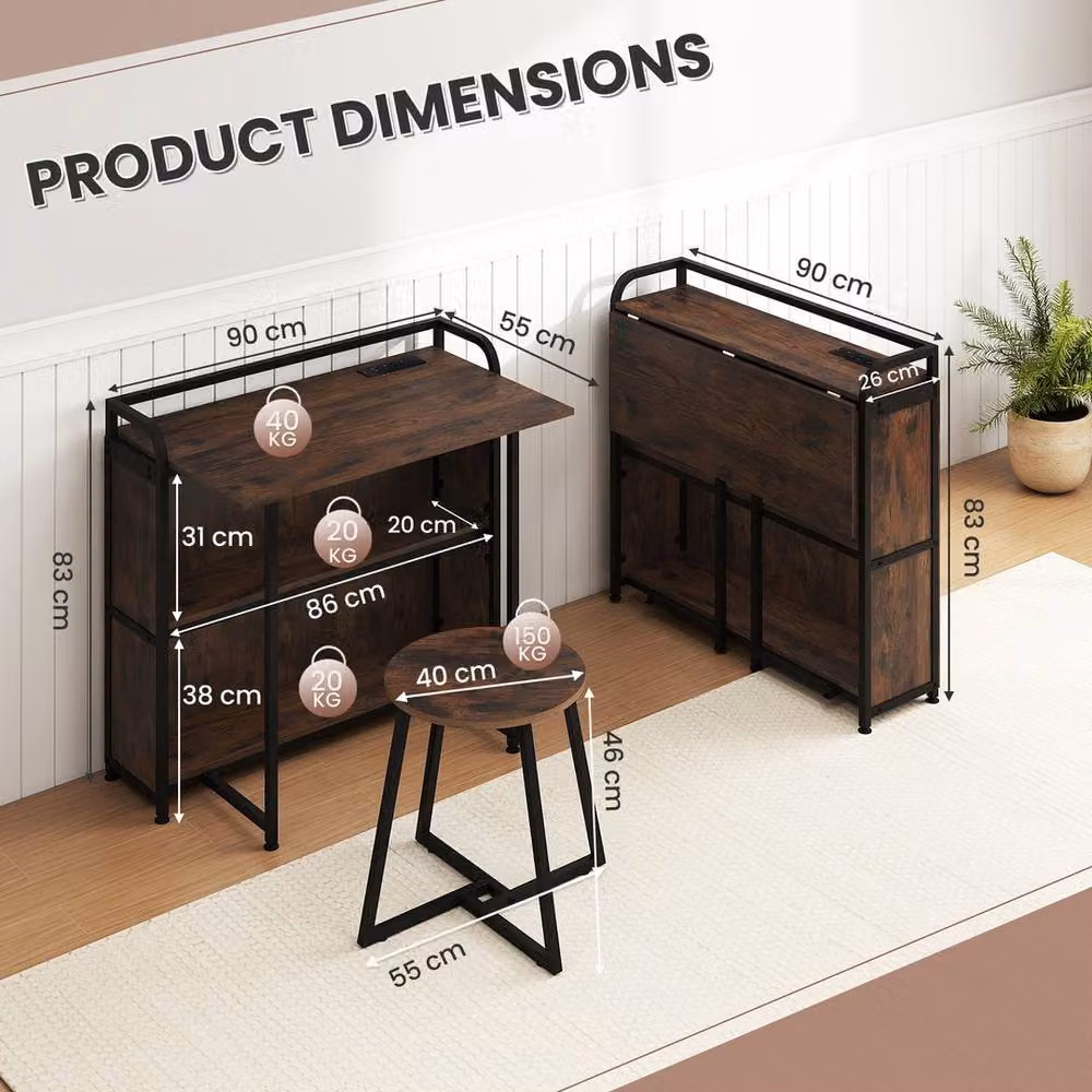KORVIXA Space Saving Writing Table with Stool in Brown, W/D/H: 100 x 100 cm – 2