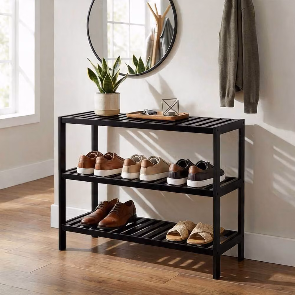 Keplin 3-Tier Bamboo Shoe Rack in Black, Modern Freestanding Wooden Shoe Organiser for Hallways, W/D/H: 70 x 55 x 55 cm – 4