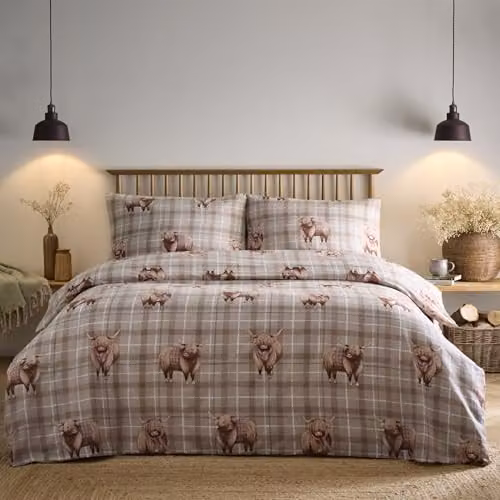 Portfolio Home Highland Cow Tartan Plaid Bedding Set in Natural Sand and Beige, Duvet Cover and Pillowcases, W/D/H: 200 x 200 cm and 50 x 70 cm