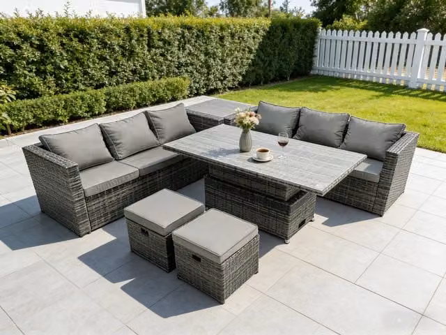 Fimous 8 Seater Wicker Rattan Rising Table Set with Footstool and Extra Side Table in Dark Grey Mixed