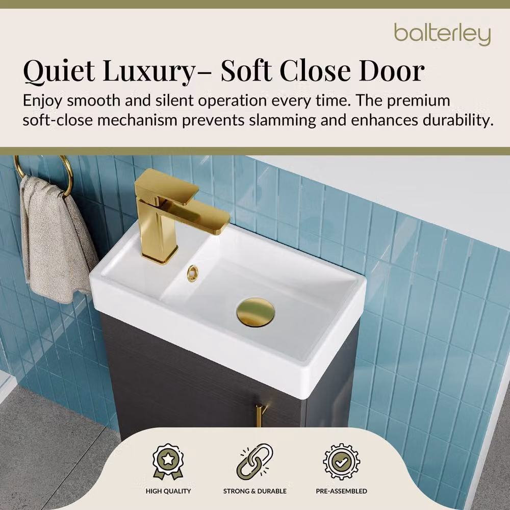 Balterley Wall Mounted Vanity Basin in Black with Brushed Brass Handle, W: 40 cm, H: 52 cm, D: 40 cm – 3