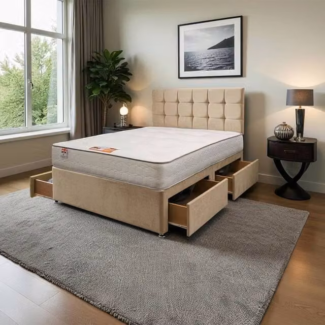 Knight Sleep Modern Upholstered Bed Set with Headboard and Drawers in Beige and White, W/D/H: 120 x 200 cm