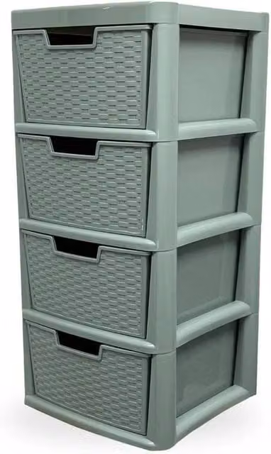 FORGEVIO 4 Tier Large Rattan Effect Storage Drawers in Green, Width: 50 cm