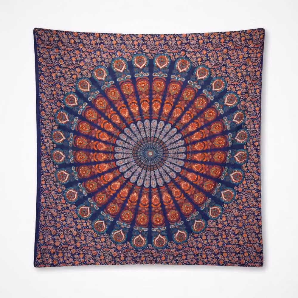 KDMD Blue Peacock Mandala Double Cotton Bedspread and Wall Hanging Set – 2