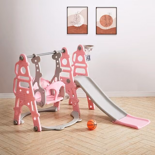 Kidkid Slide and Swing Play Set with Basketball Hoop, Pink