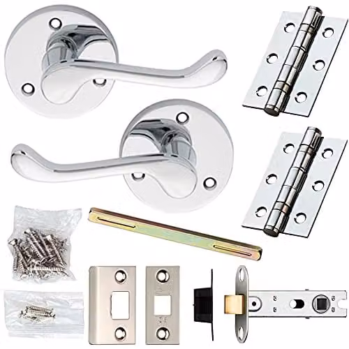 Loops Chrome Victorian Scroll Curved Lever Door Handle and Latch Pack with 58mm Round Rose