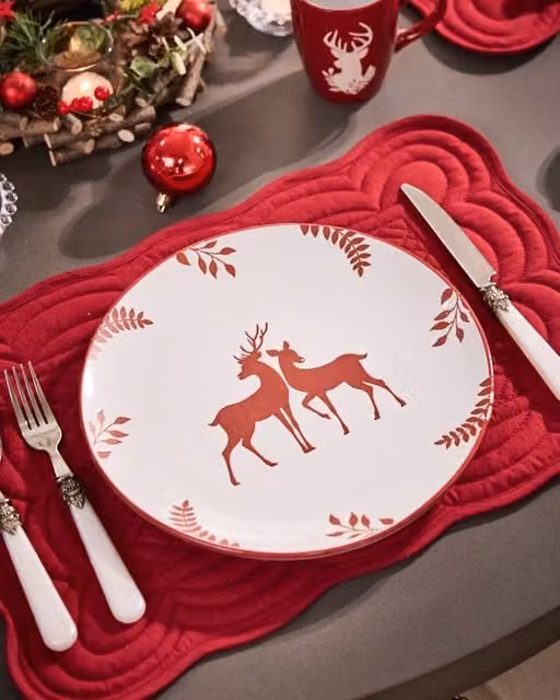 Dibor Set of 6 Cranberry Red Stag Ceramic Christmas Dinner Plates, Diameter: 27 cm – 1
