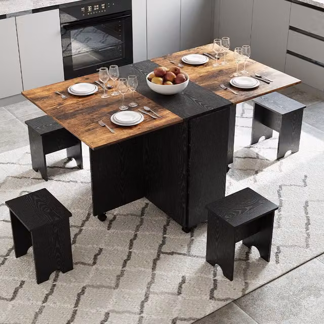 Komore Modern Black and Natural Wood-Effect Foldable Rectangular Dining Table and 4 Stool Set with Castors
