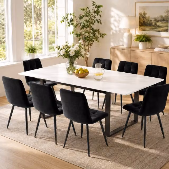 Merax Modern Extendable Rectangular Dining Table with White MDF Top and Black Metal Legs