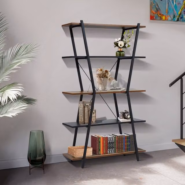 Livingandhome Industrial 5-Tier Open Display Shelf Storage Rack in Brown and Black