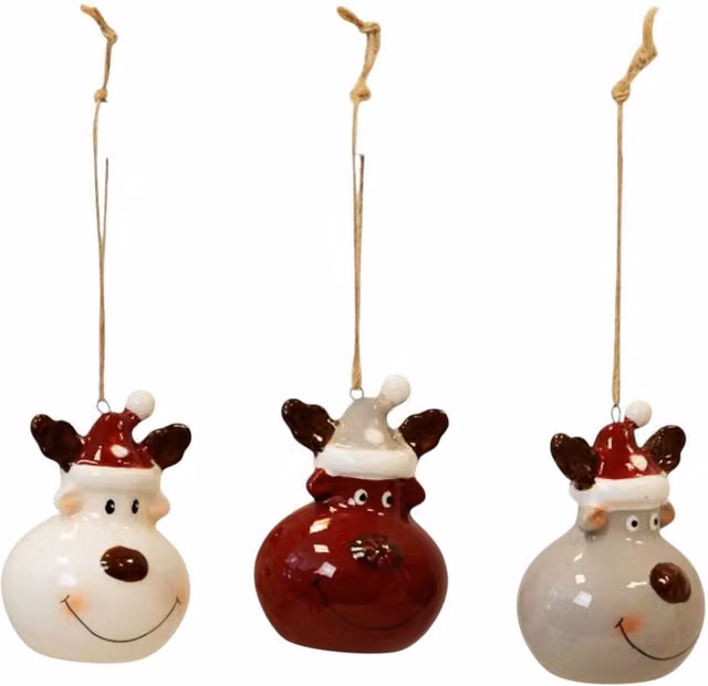 Four Candle Set of 3 Ceramic Reindeer Christmas Bauble Figures in Cream, Red, Grey and Multicolour