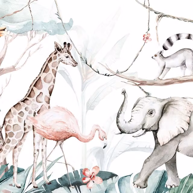 Jungle Friends Wall Mural in White and Multicolour, Width: 260 cm