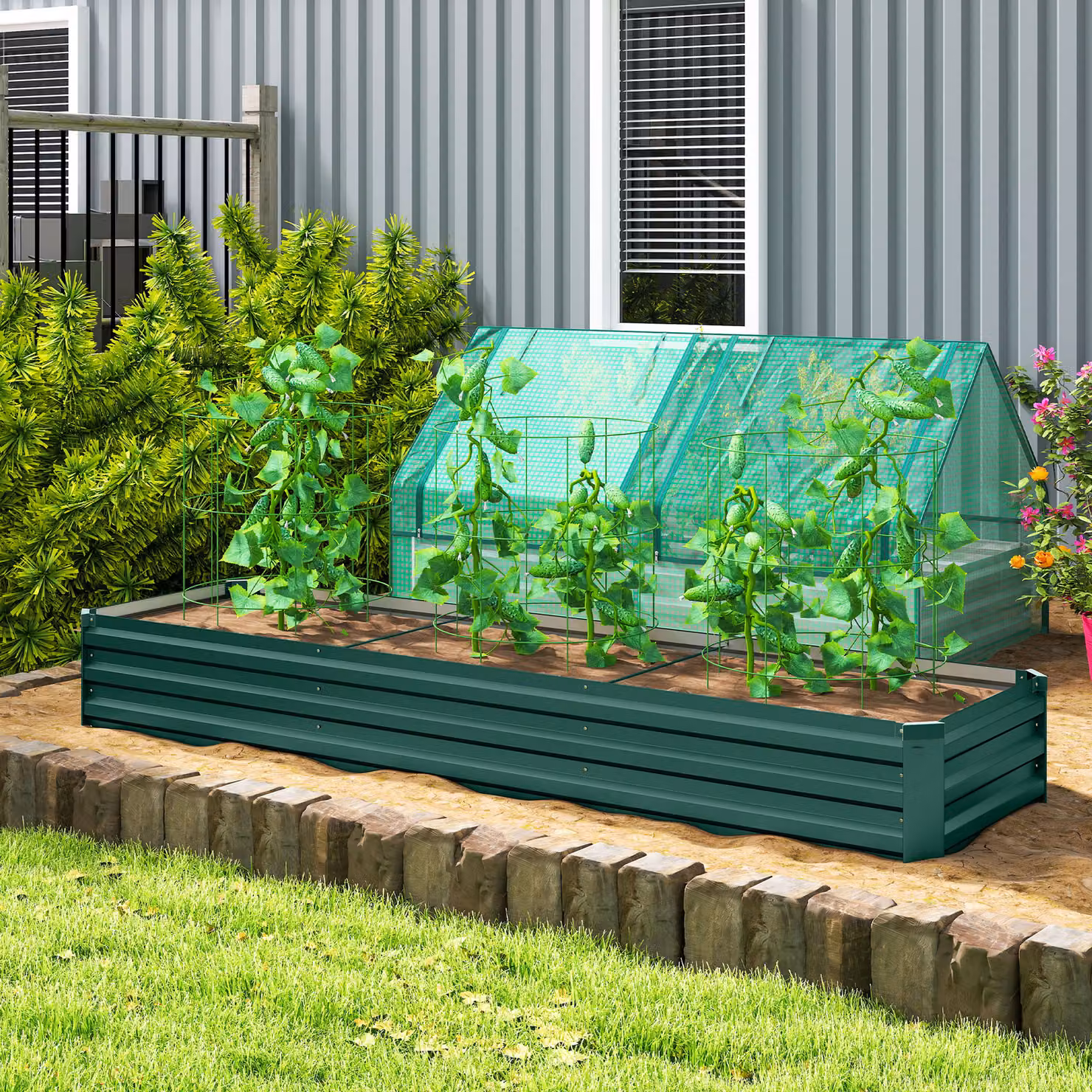 Outsunny Galvanised Steel Raised Bed Planter in Silver, W: 240 cm, H: 60 cm, D: 30 cm – 2