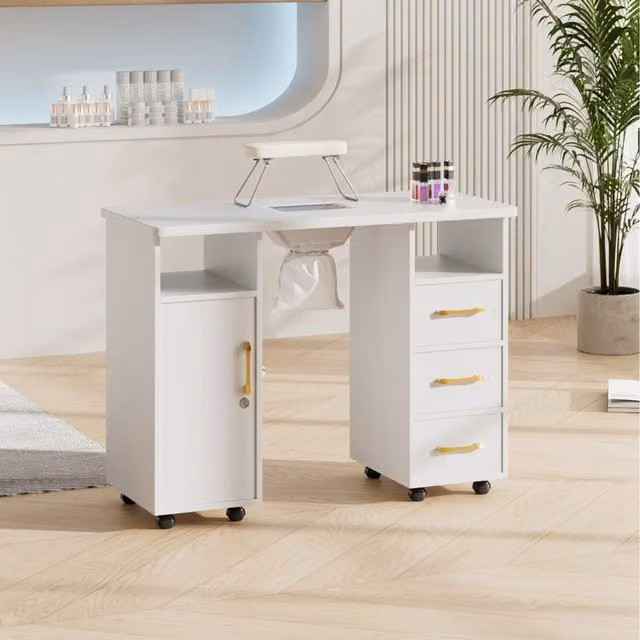 Komore Mobile Nail Table with Charging Station, Dust Collector and Wrist Pad in White