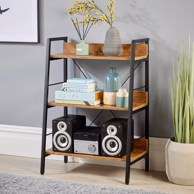 Home Source Urban 3 Tier Low Ladder Bookcase Shelving Unit in Dark Oak