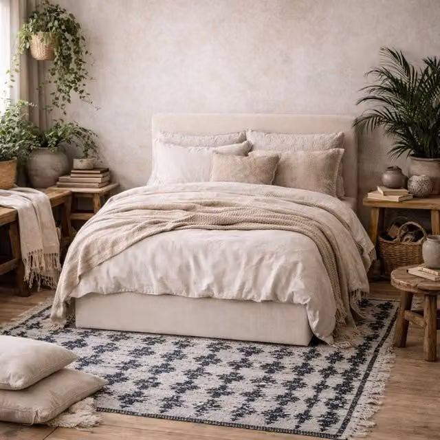 Wyld Haus Portarlington Upholstered Double Bed in Beige Fabric with Headboard, W/D/H: 140 x 200 x 91 cm – 1