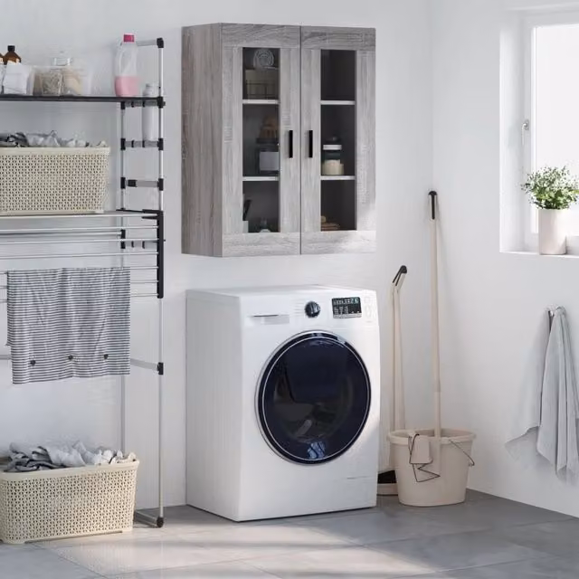 Berkfield Home Wall Mounted Cabinet in Grey with Glass Doors, W/D/H: 69.5 x 34 x 90 cm – 1