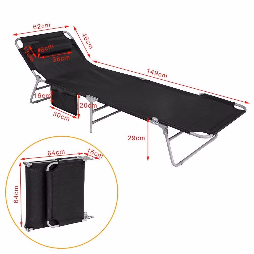 SoBuy Foldable Outdoor Lounge Chair in Black with Textilene Fabric and Powder Coated Steel Frame – 3