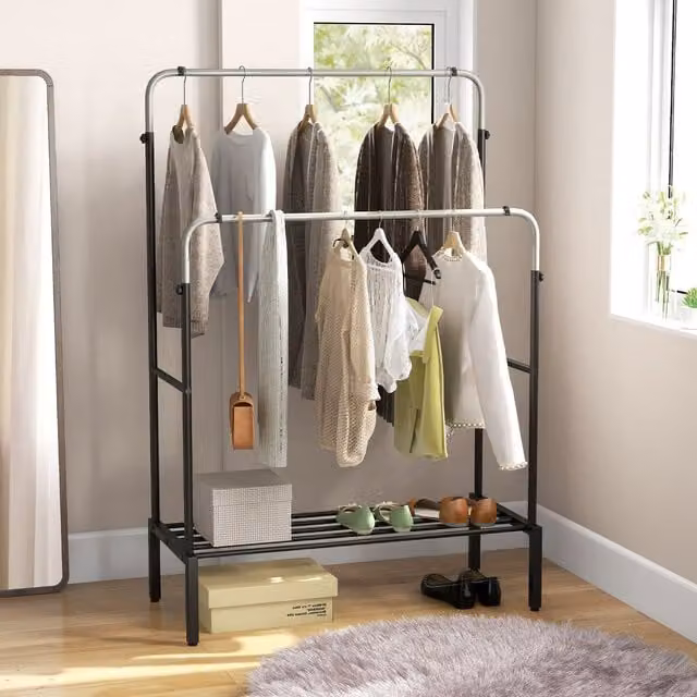 Costway Metal Clothes Hanging Garment Rack with 2 Rods in Matt Black – 1