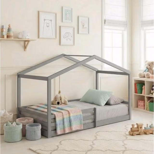 Comfy Living Ltd Single Wooden House Bed for Children in Grey, W/D/H: 90 x 200 x 130 cm