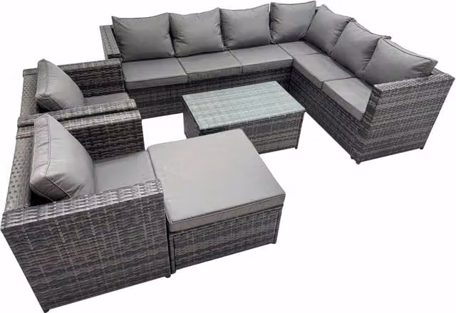 Fimous 9-Seater L-Shaped Rattan Patio Sofa Set in Dark Grey with Coffee Table and Ottoman