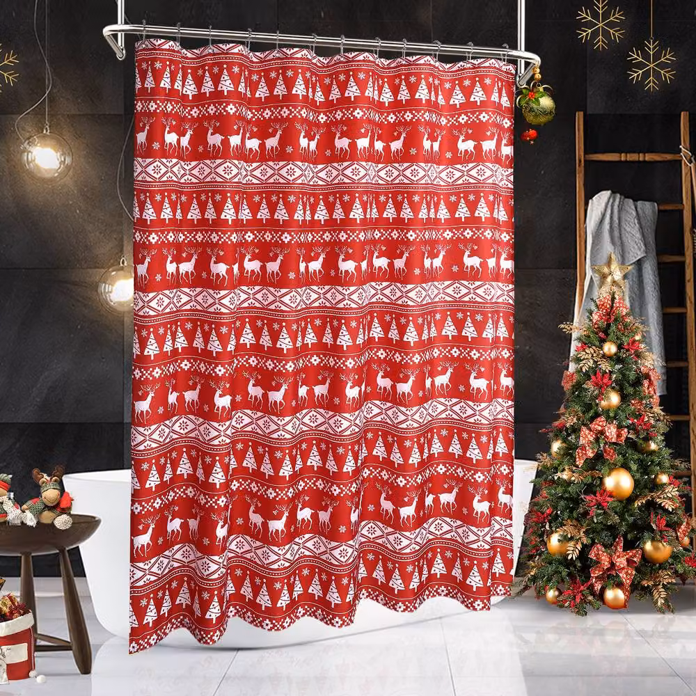 London Boutique Festive Christmas Waterproof Red and White Polyester Shower Curtain, W: 183 cm, H: 183 cm – 2