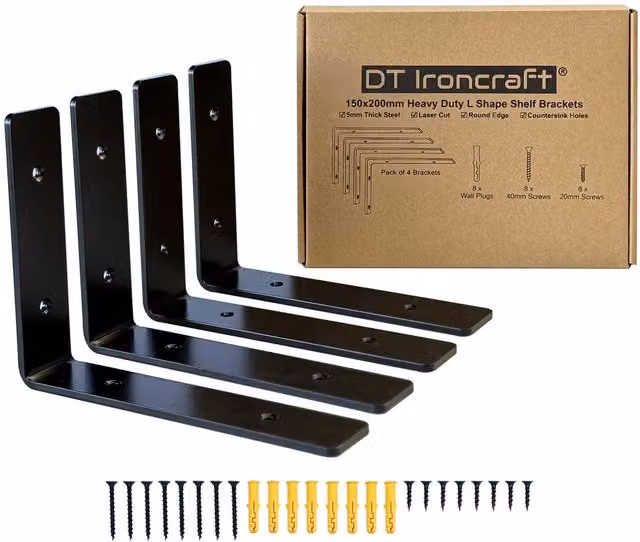 DT Ironcraft Black Steel Wall Mounted Angle Shelf Brackets, 150mm x 200mm