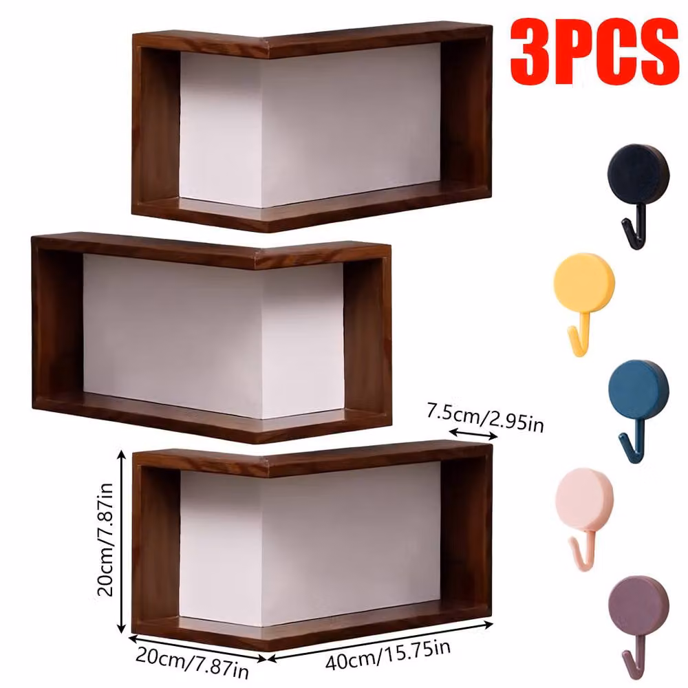 Ventryn 3 Piece Brown Wood Corner Shelves Wall Mounted Storage Display – 2