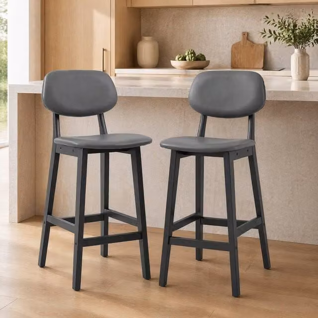 STILVORA Set of 2 Modern Bar Stools with Wooden Structure and Grey Synthetic Leather
