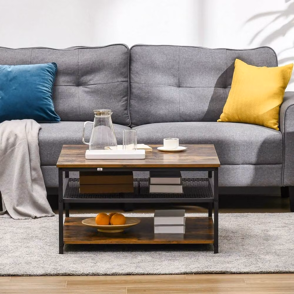 VOGREX Industrial Coffee Table with Storage Shelves in Brown and Black – 4